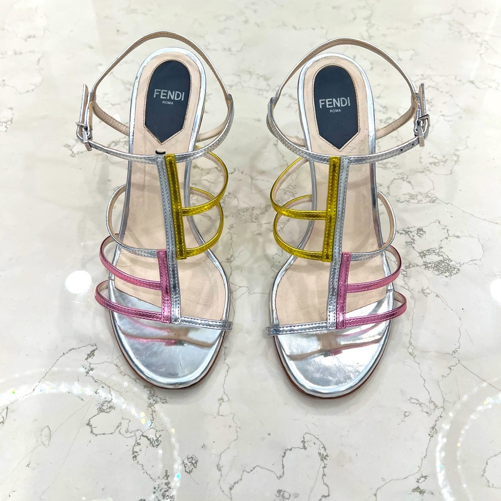Fendi sandals with silver, gold and pink straps, gold heels, size 37